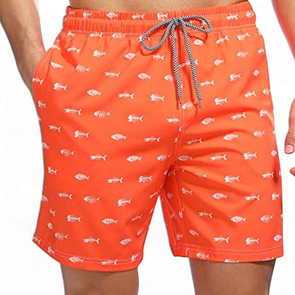 Men's Swim Trunks – Size L – Orange Fish Print – Quick-Dry Swim Shorts